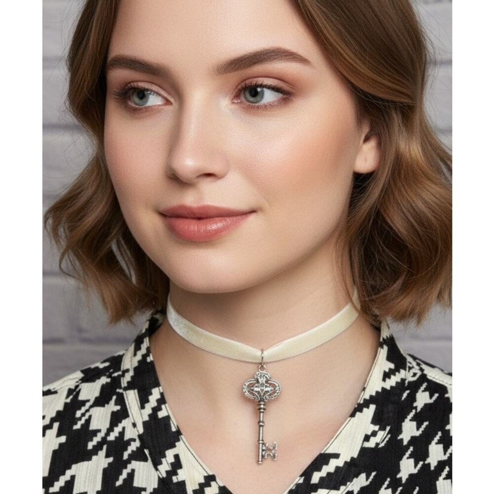 Handmade Ivory Velvet Skeleton Key Choker Necklace